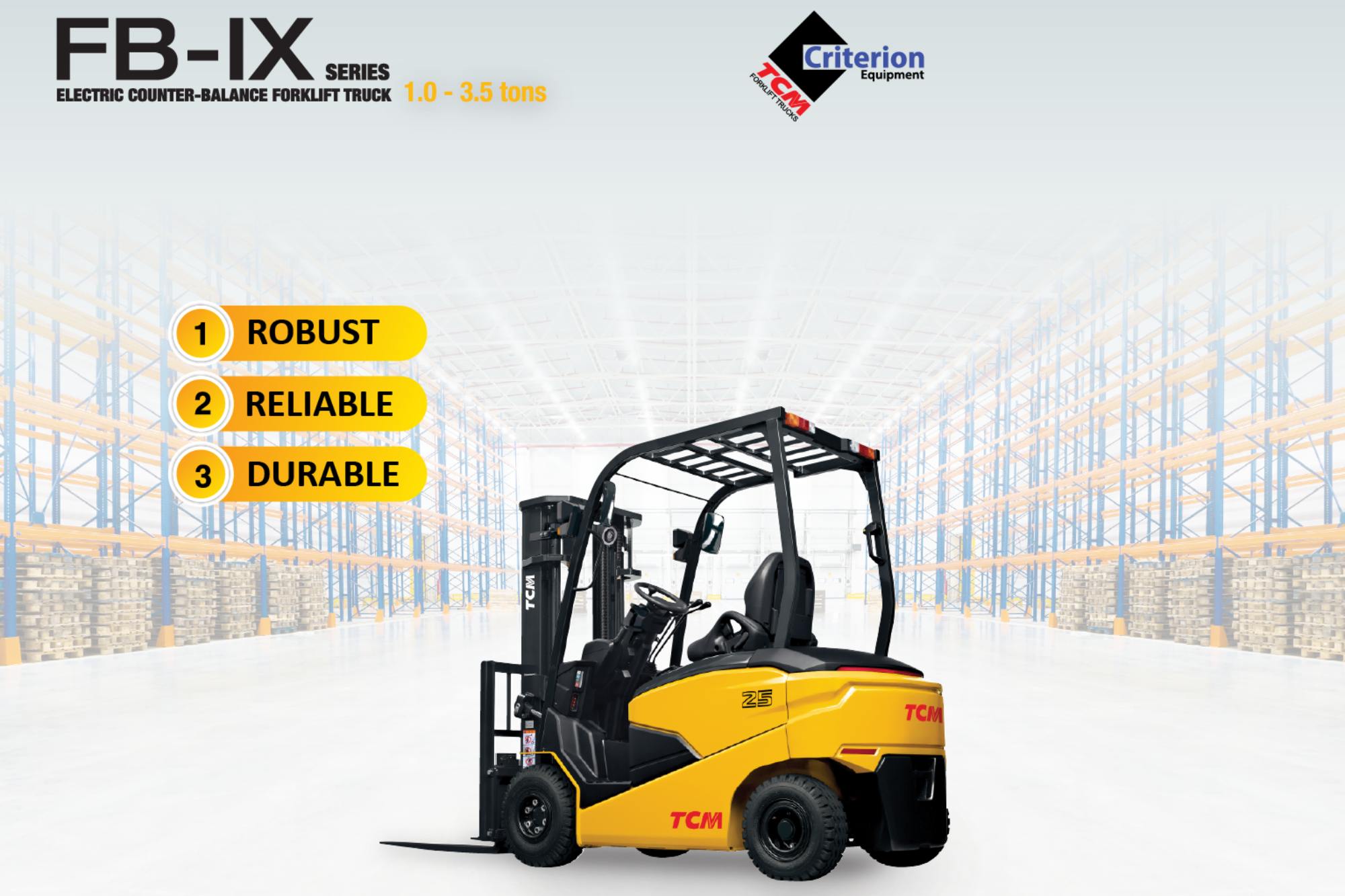 TCM FB-9 Electric Forklift Truck in a warehouse – robust, reliable and durable electric forklift for material handling operations